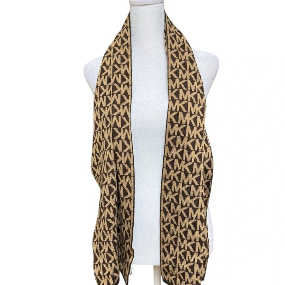 Michael Kors MK Logo Scarf Brown Tan Reversible Knit Winter Fall Wrap